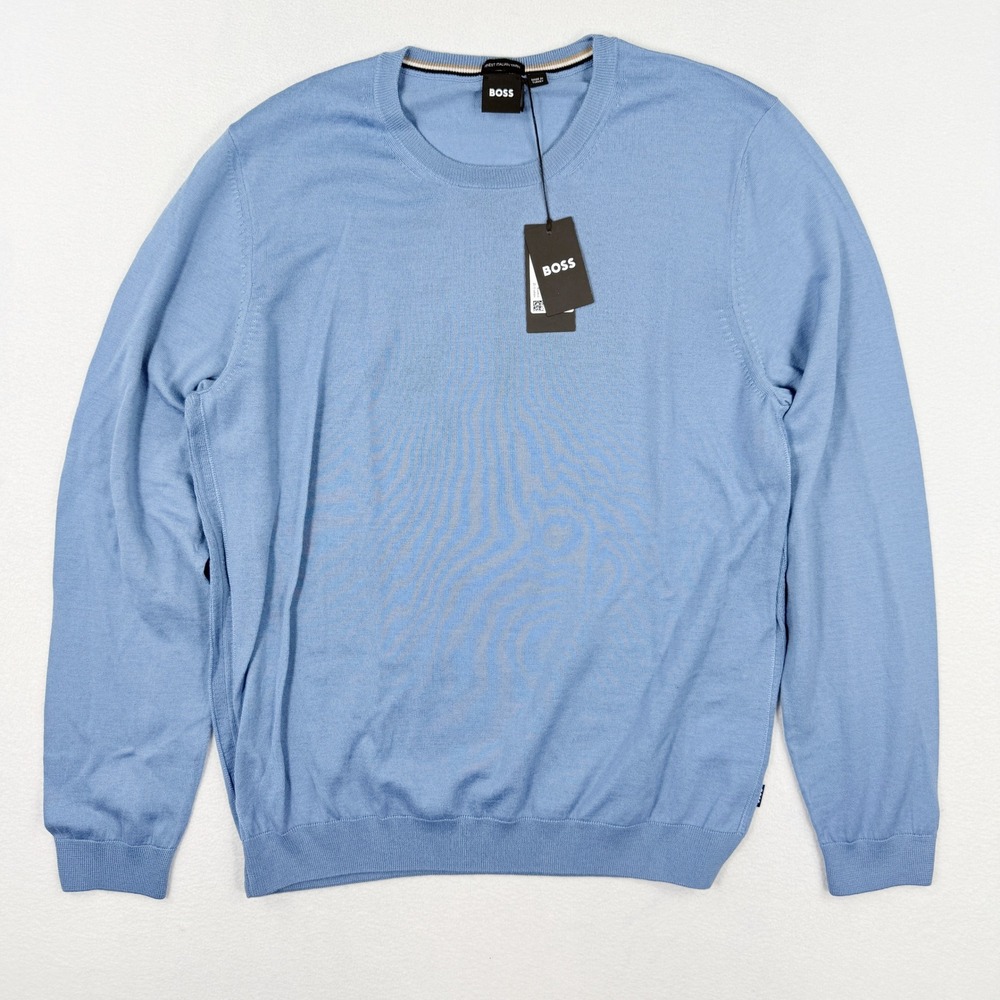 Boss Leno P Virgin Italian Wool Crewneck Sweater L Mens Pastel Blue Light NWT